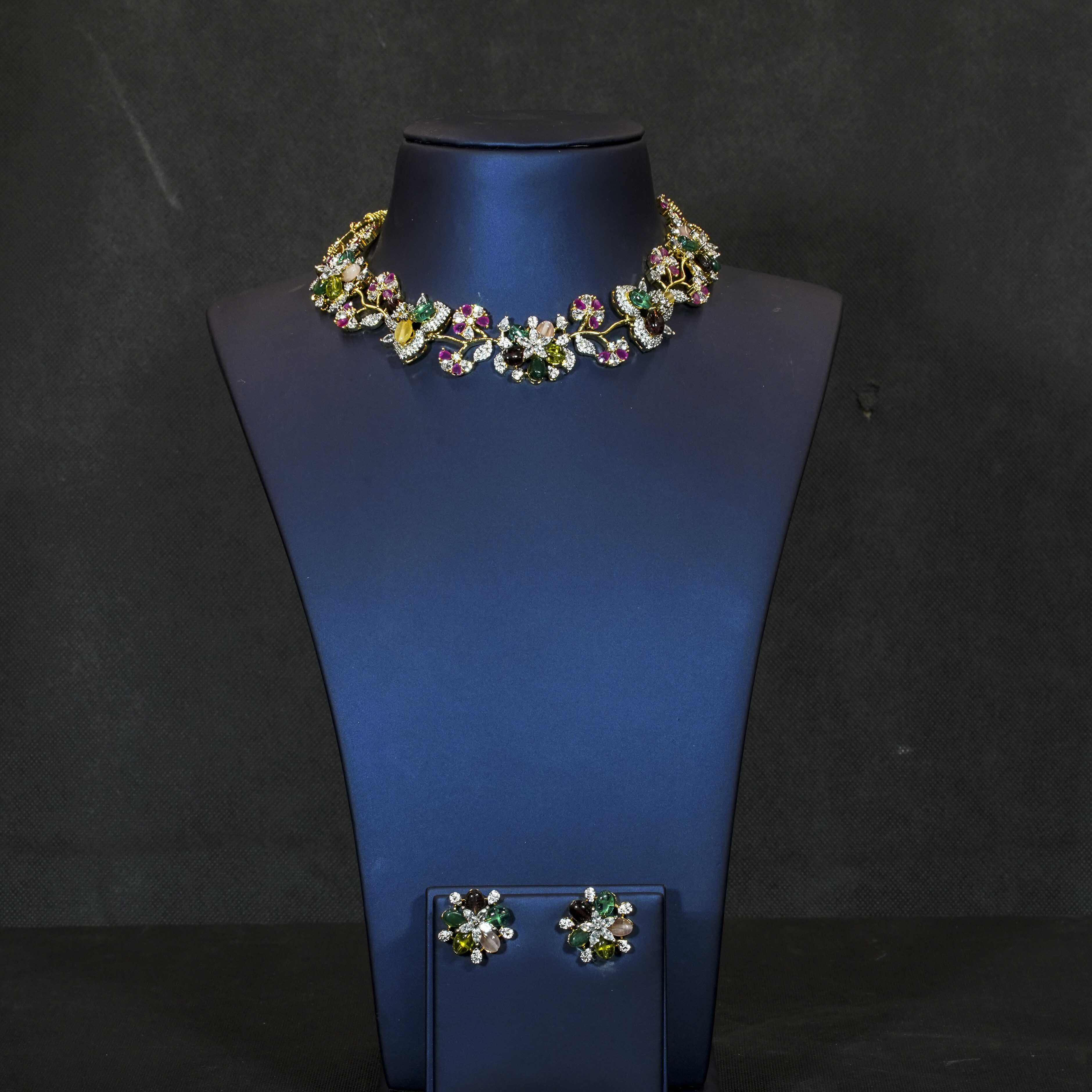 AD Multi Stones Floral Leaf Design Choker Necklace