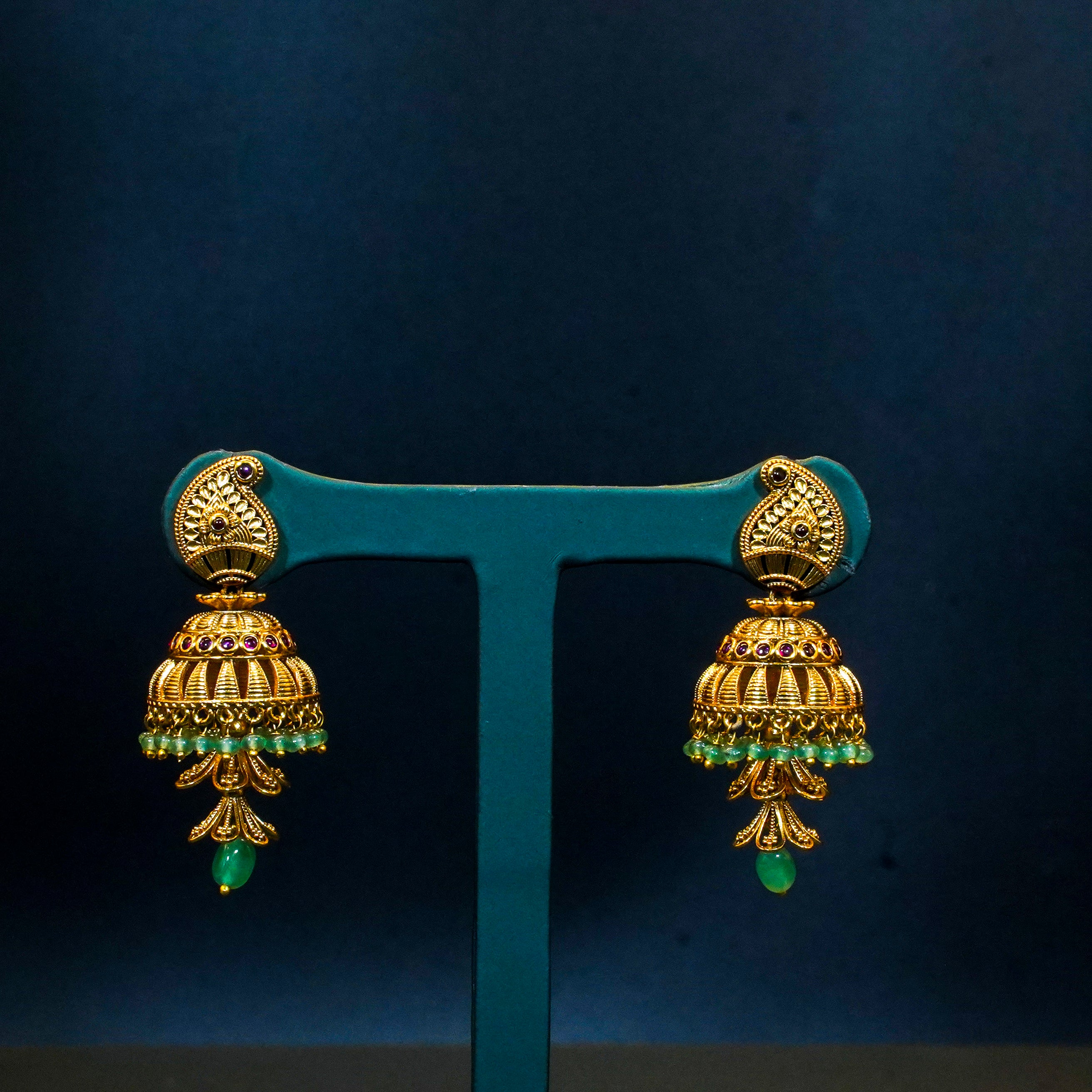 Gold Alike Mango Design Jhumukas with Mintgreen Beads