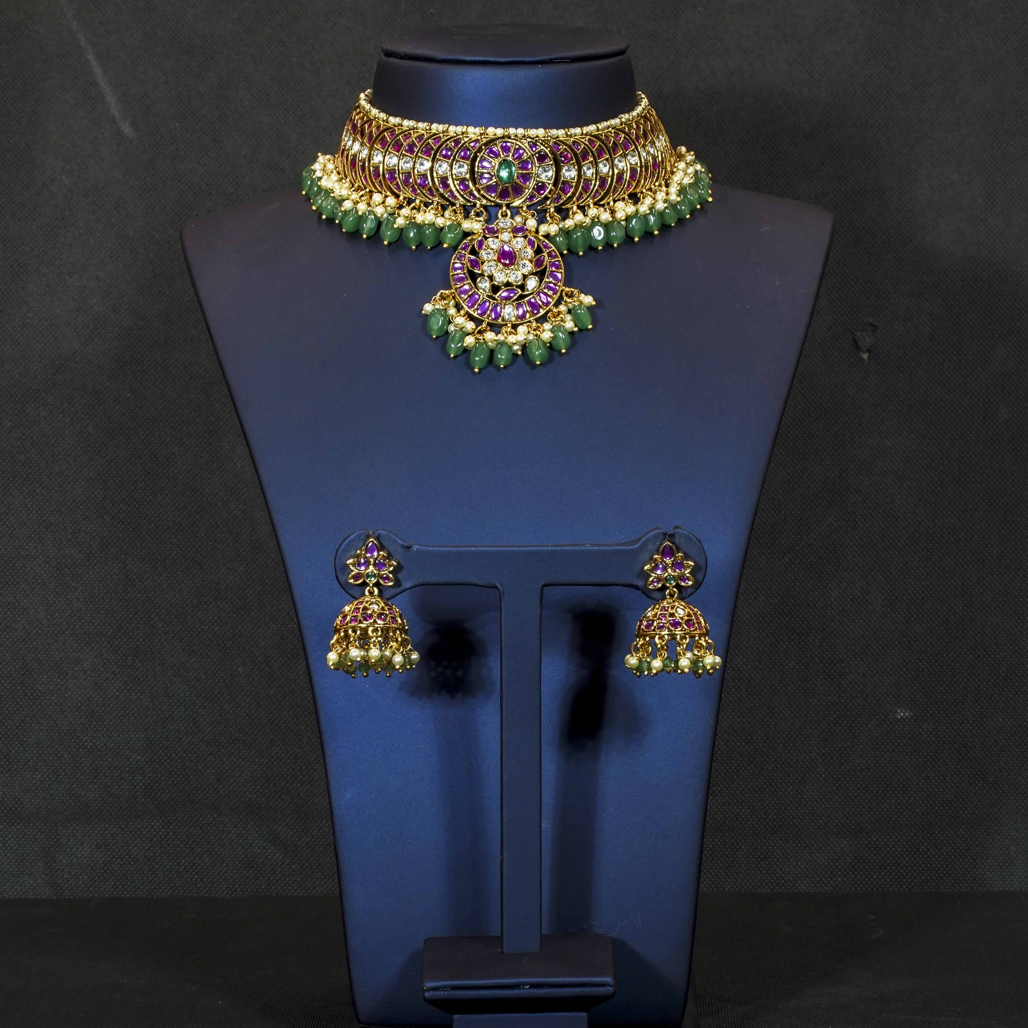 Jadau Stones Floral Moon Design Choker Necklace