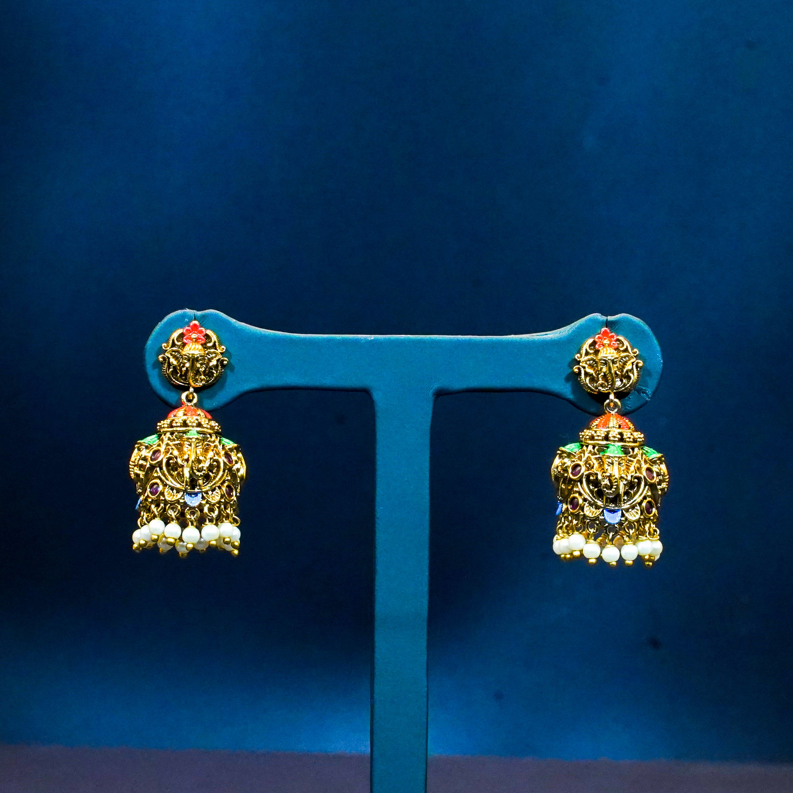 Gold Alike Ganesha Design Enamel Jhumukas