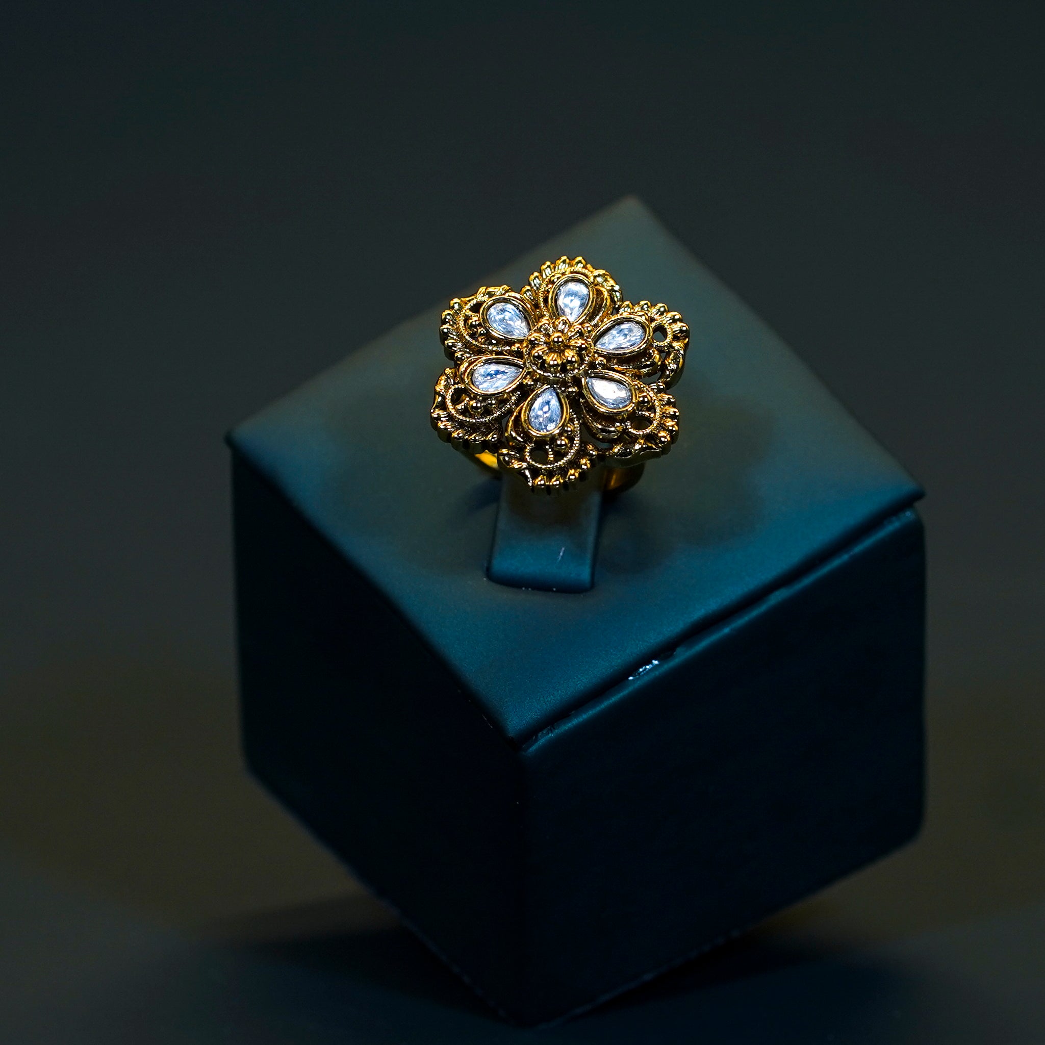 Gold Alike White Floral Finger Ring