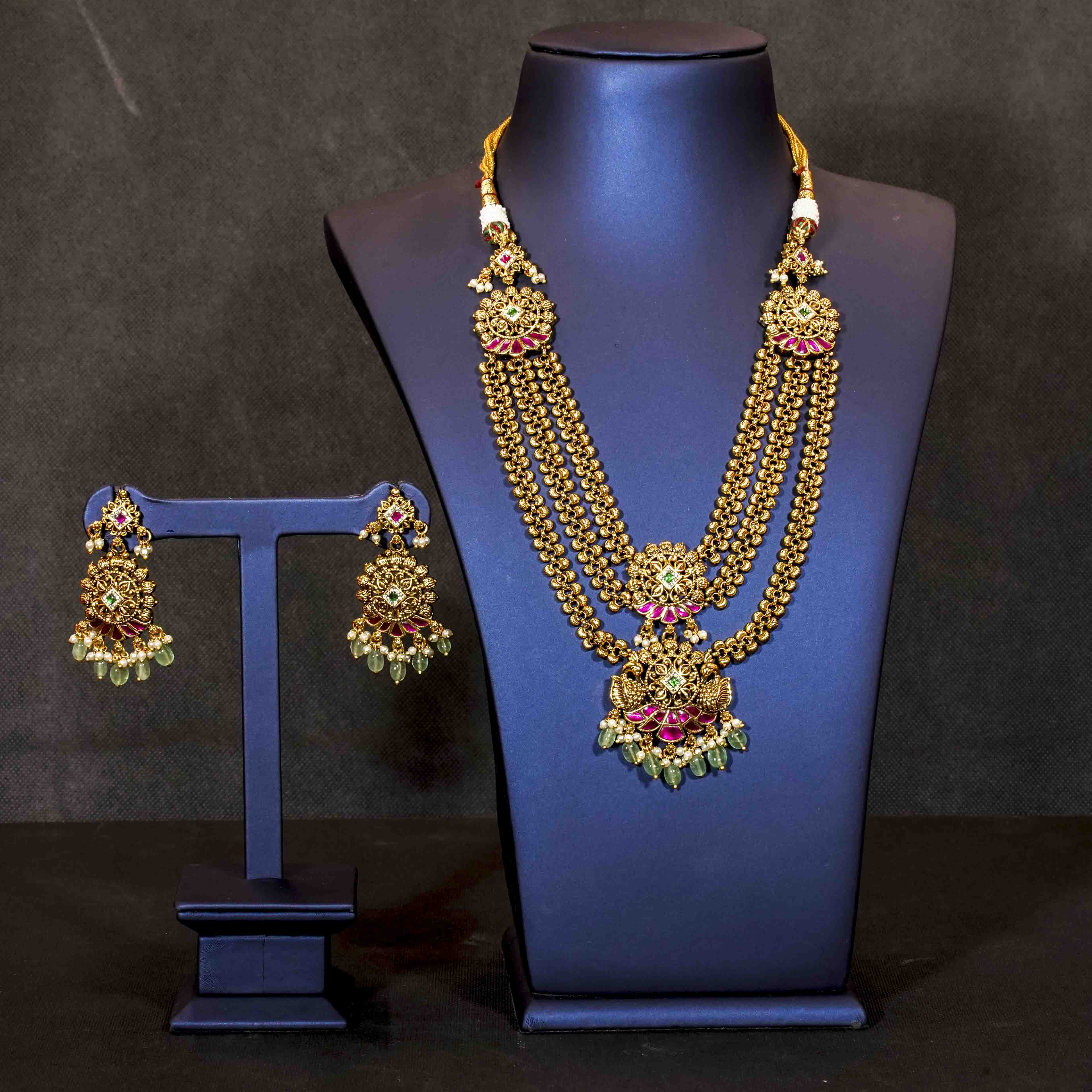 Jadau Stones Floral Design Layered Mid Length Necklace