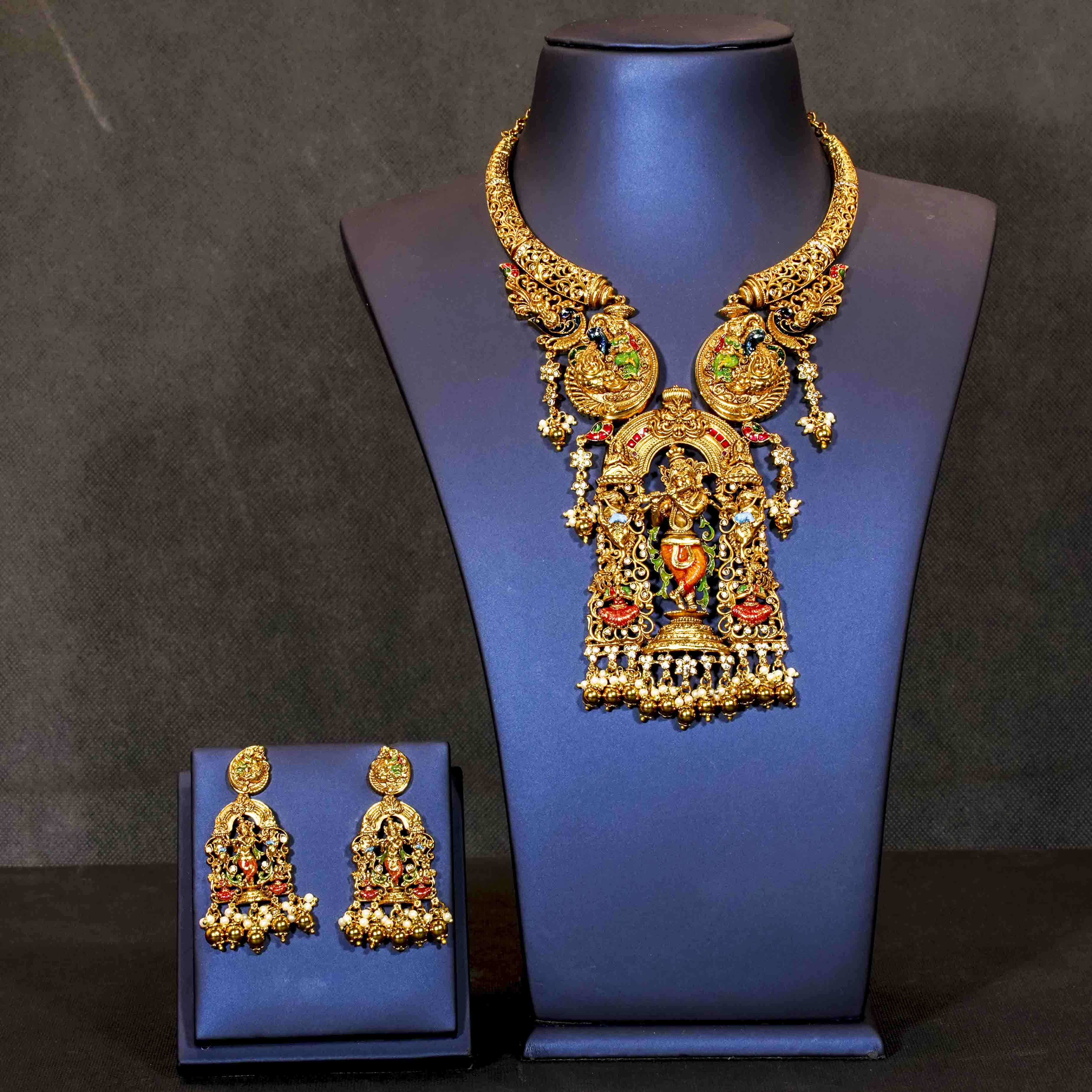 Flute Krishna Enamel Painted Mid Length Necklace