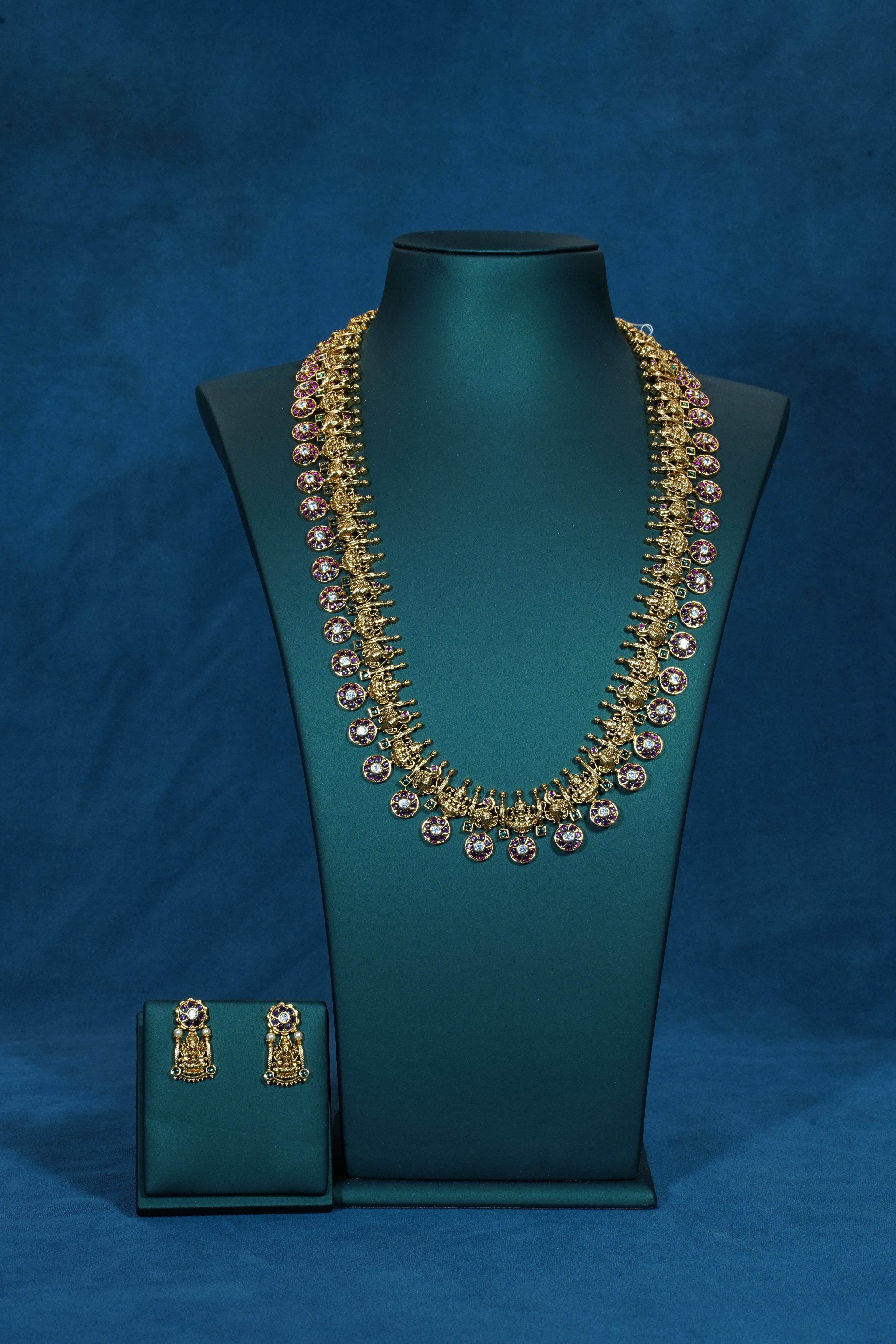 Floral Bottu Lakshmi Peacock Design Long Necklace