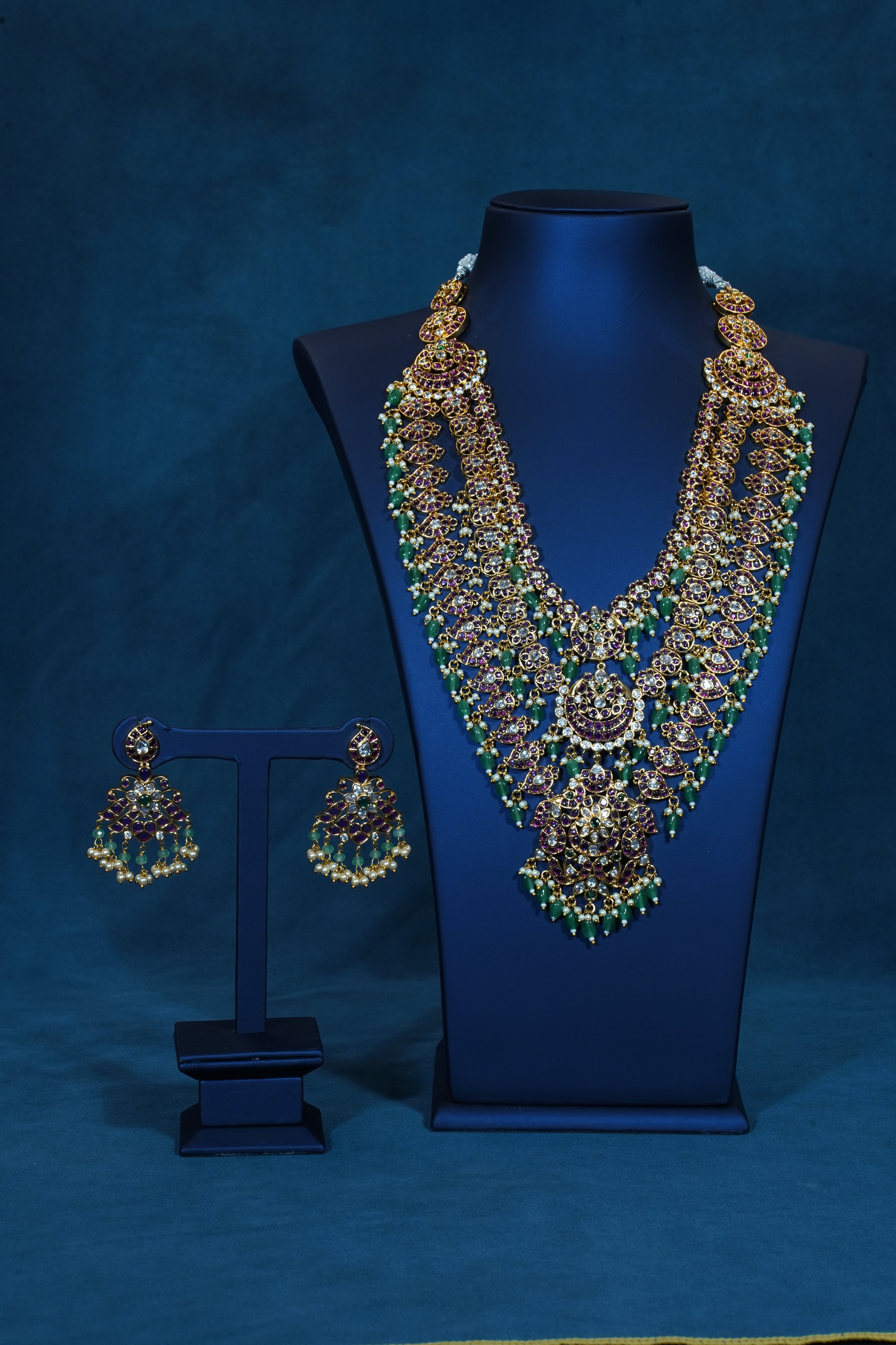 Kemp Mango Three Layered Long Necklace with Green Beads