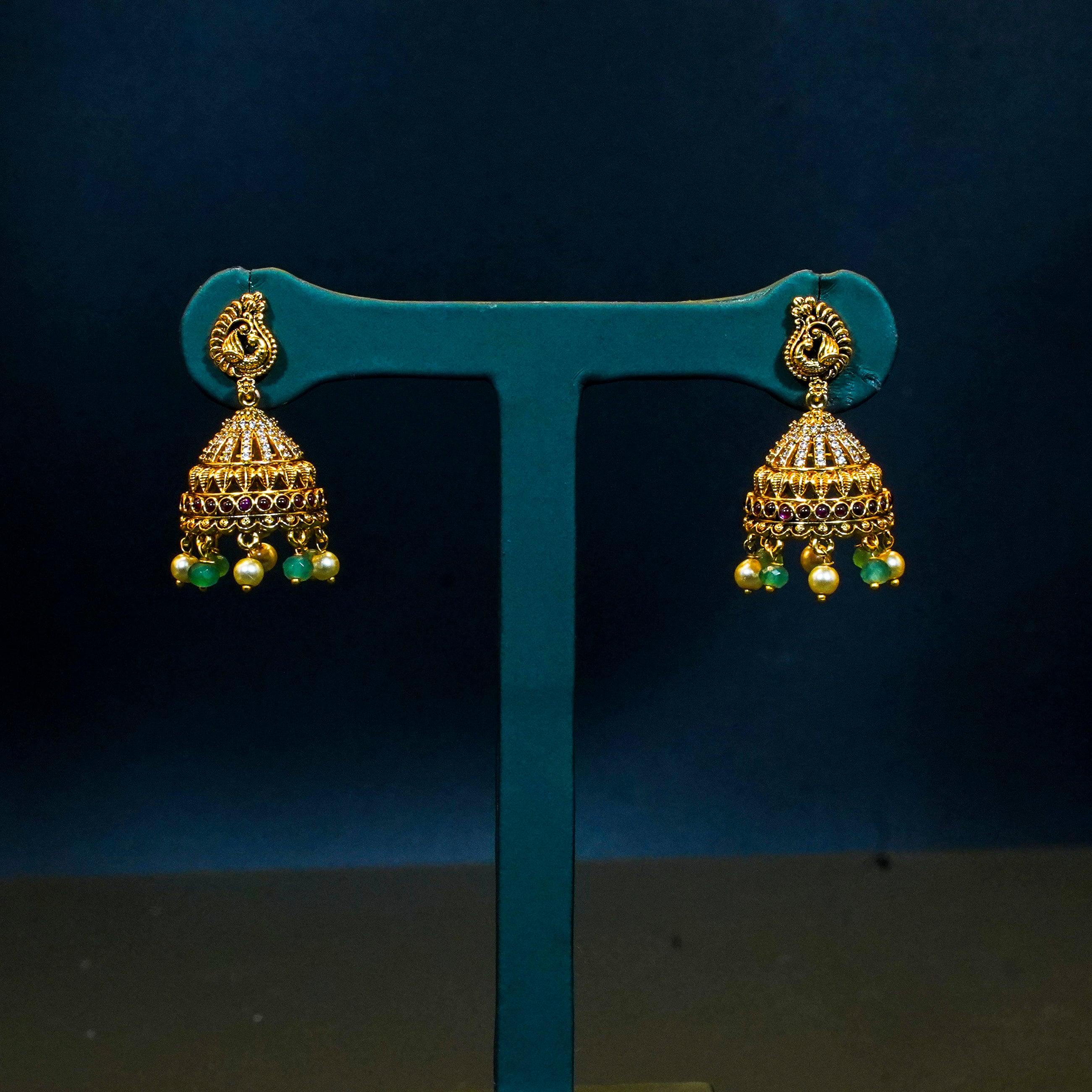 Gold Alike Peacock Design Multi Stones Jhumukas