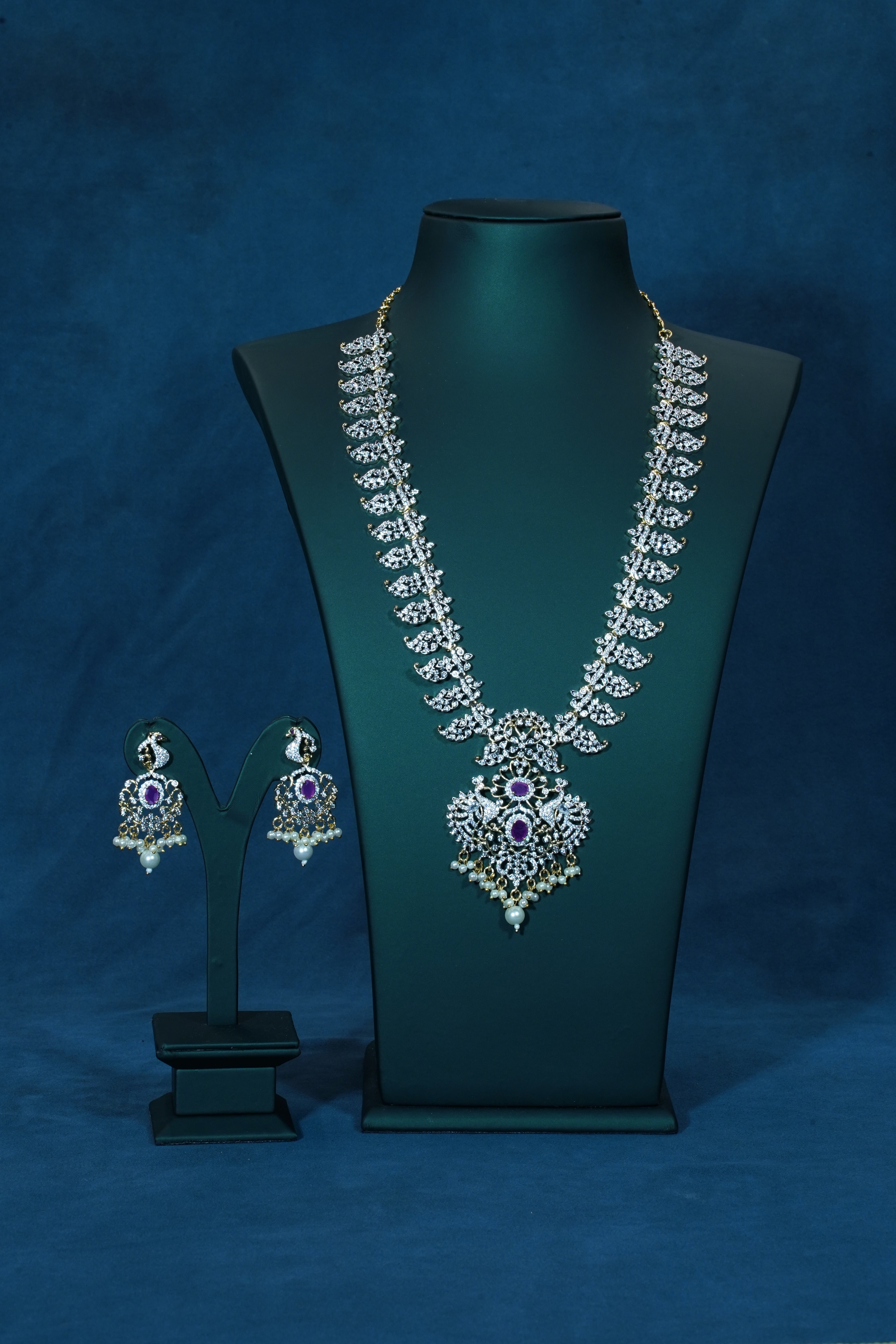 American Diamond GJ Polished Mango Design Long Necklace