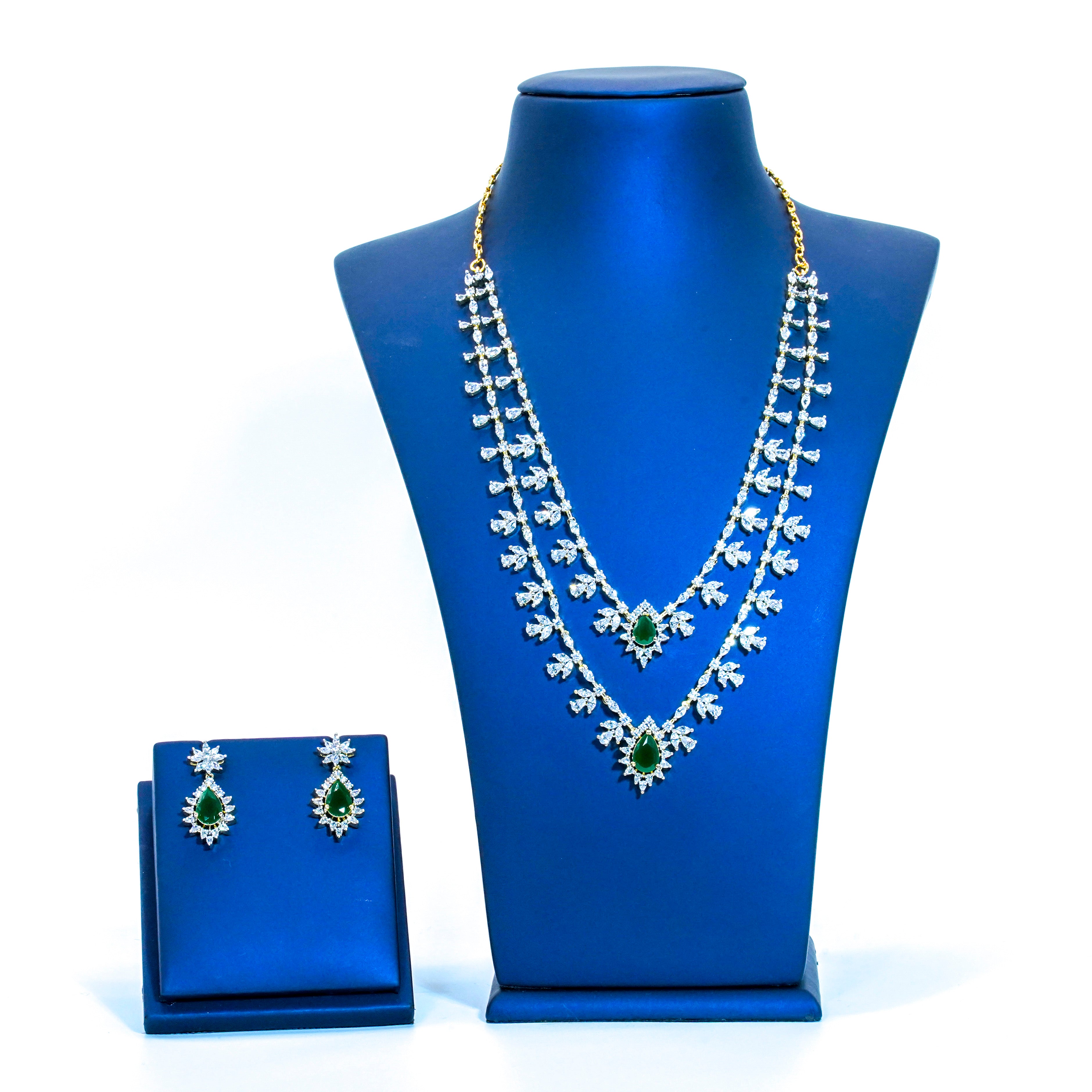 American Dimond Two Layered Emerald Stones Short Necklace
