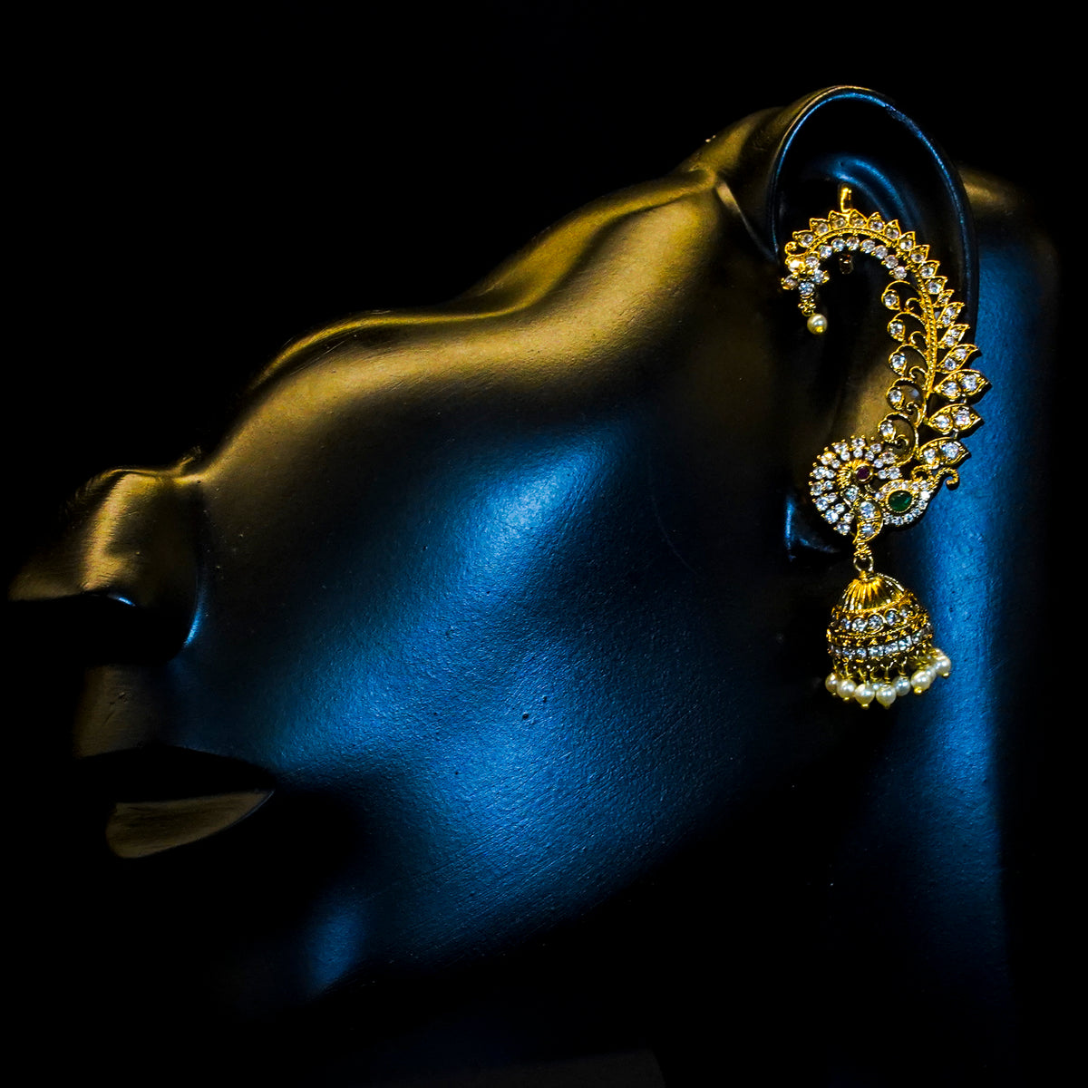Ear cuff, set with American Diamond stones and peacock motif. Ahankaraka AKEC19.