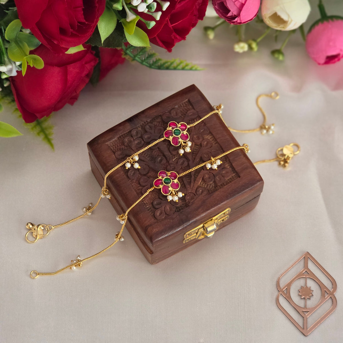 Anklets, floral jadau motif and pearls. Ahankaraka AKAN08.