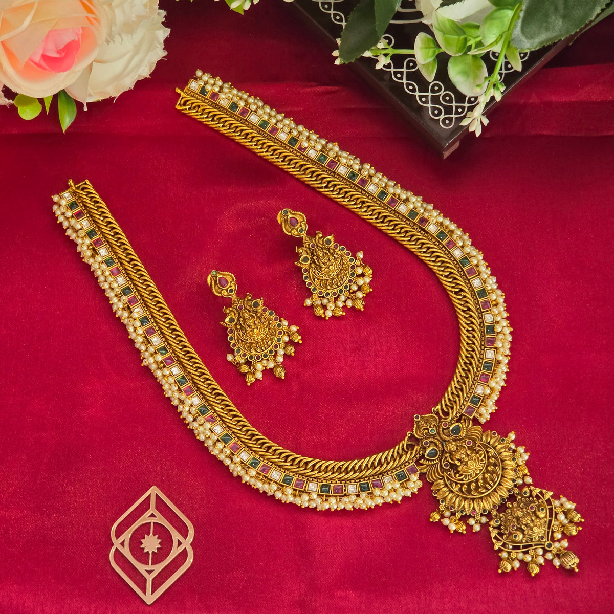Long necklace, Lakshmi and jalebi coil motifs. Ahankaraka AKLN02.