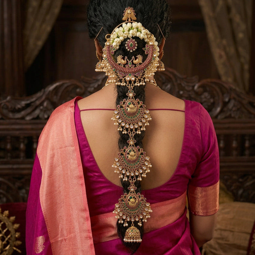 Jadabilla hair ornament, set with kemp, peacock motif. Ahankaraka AKJB14.