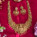 Long necklace, set with gold beads, Lakshmi and peacock motifs. Ahankaraka AKLN25, view 3.