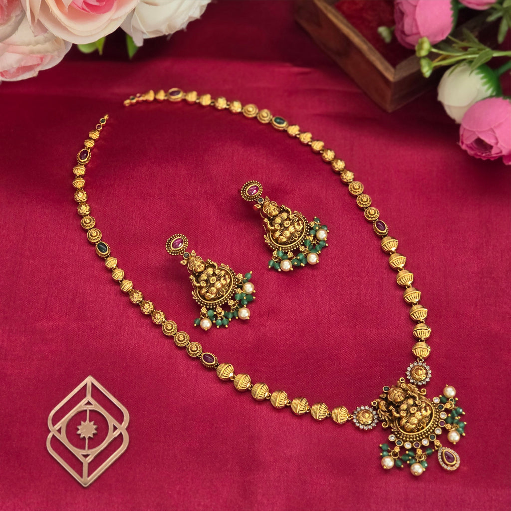 Long necklace, Lakshmi and peacock motif. Ahankaraka AKLN13.