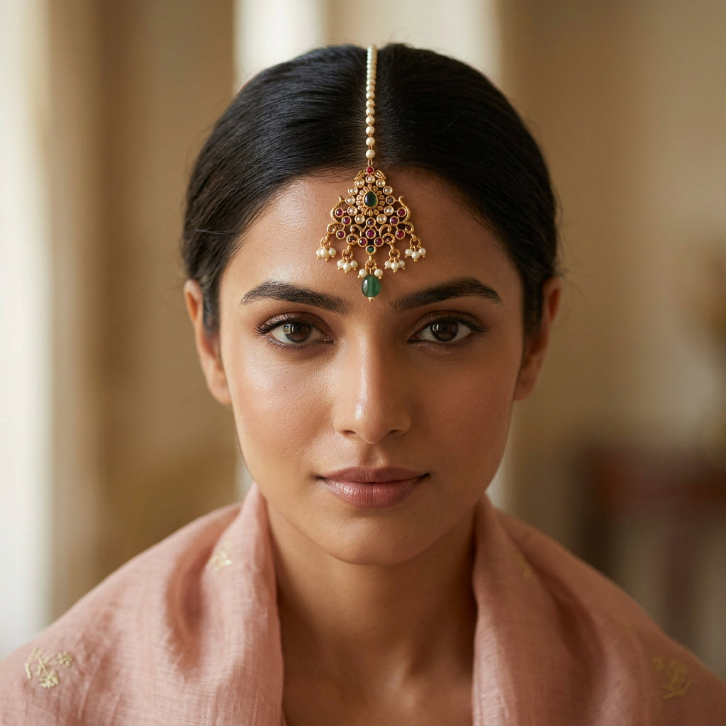 Maang tikka, set with pearls. Ahankaraka AKMT32.