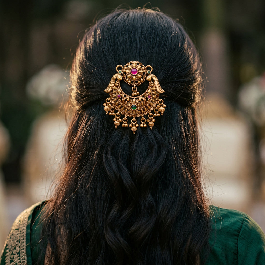 Hair pin, peacock and moon motifs. Ahankaraka AKHP11.