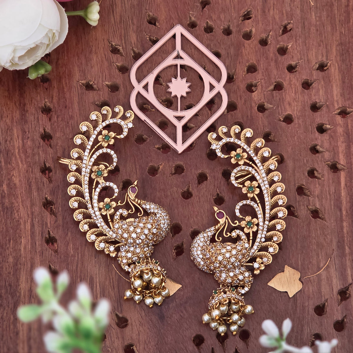 Ear cuff, AD stones and peacock motif. Ahankaraka AKEC07.