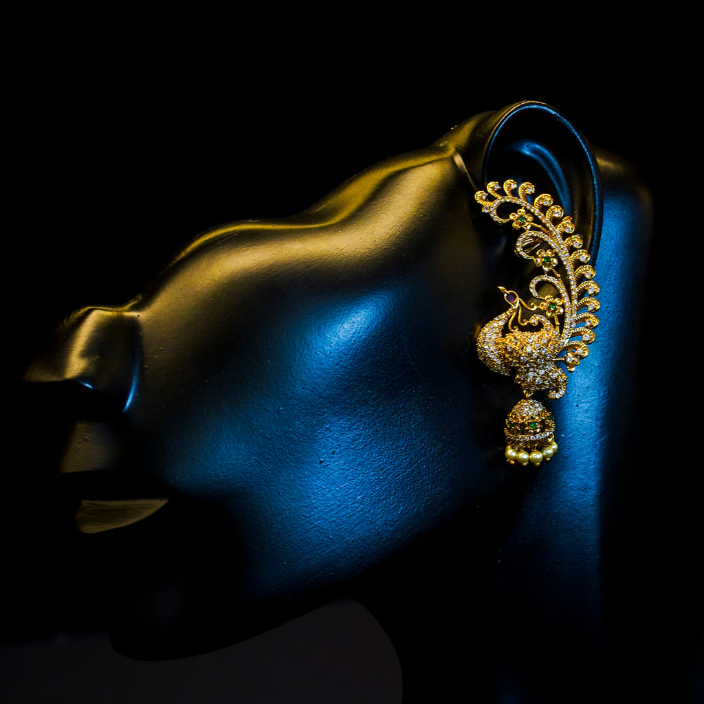 Ear cuff, AD stones and peacock motif. Ahankaraka AKEC07.