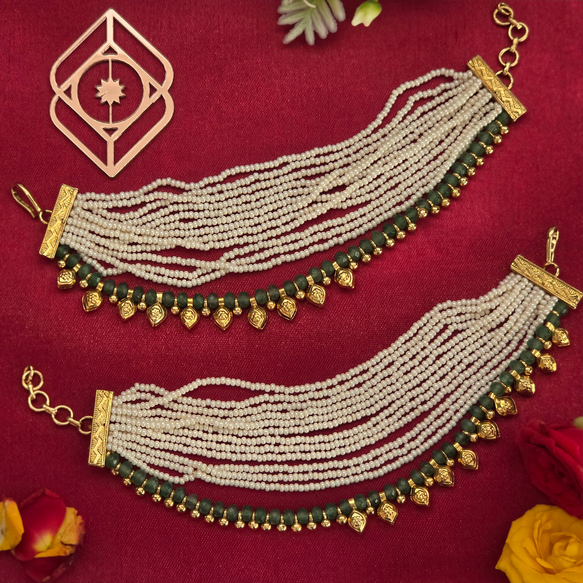 Ear chains, set with pearls and mint green beads. Ahankaraka AKECH18.