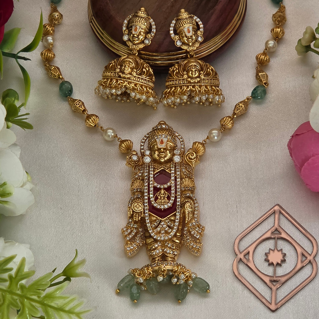 Mid length necklace, set with Balaji and ruby. Ahankaraka AKMLN04.