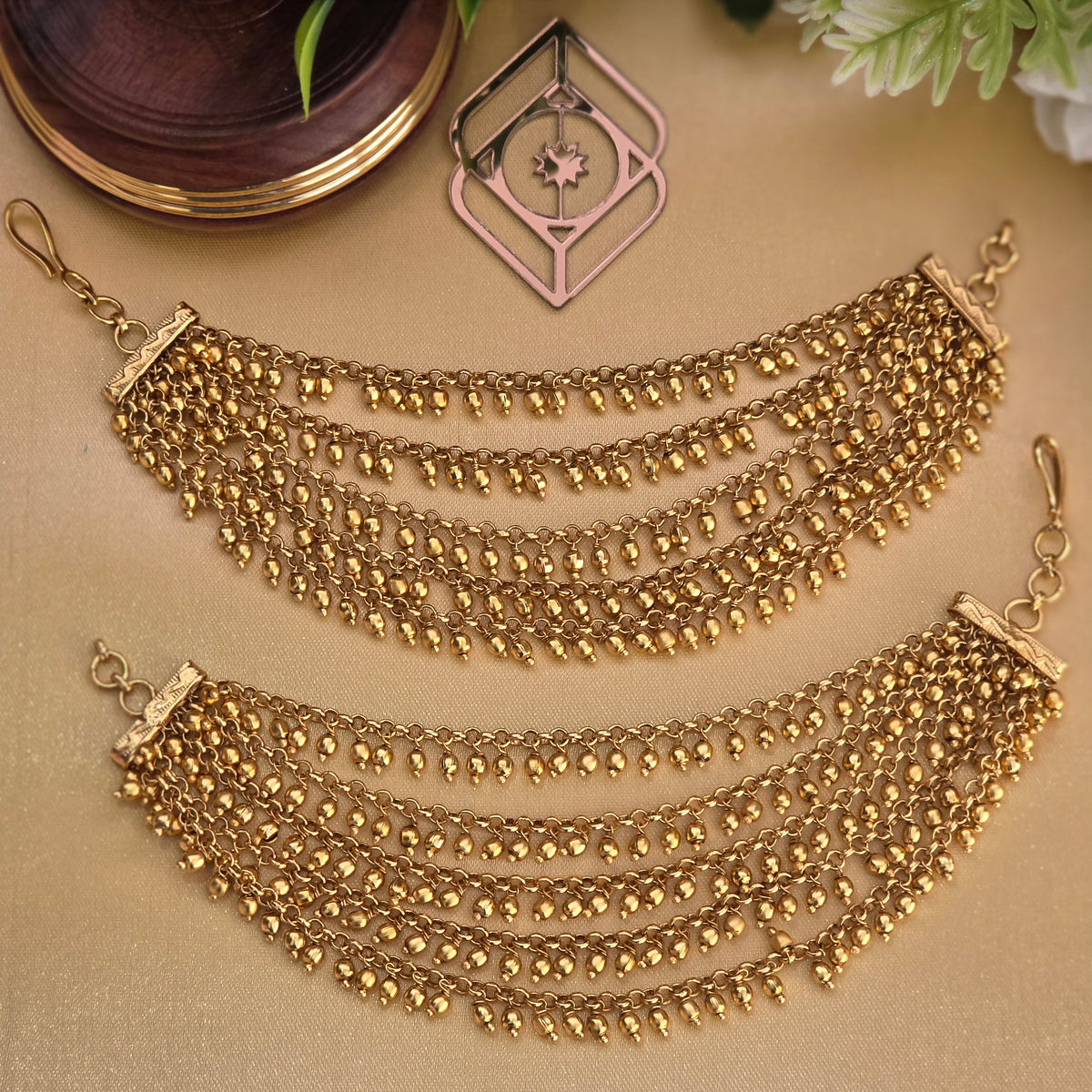 Ear chains. Set with gold beads and layer. Ahankaraka AKECH02.