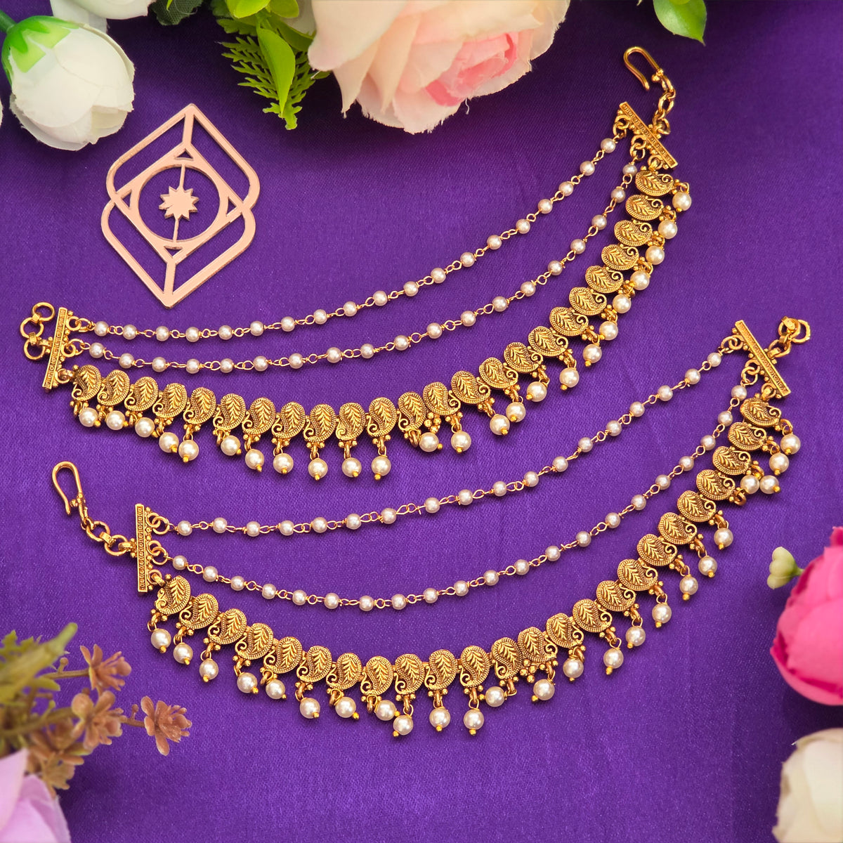 Ear chains, set with pearls, mango motif. Ahankaraka AKECH34.