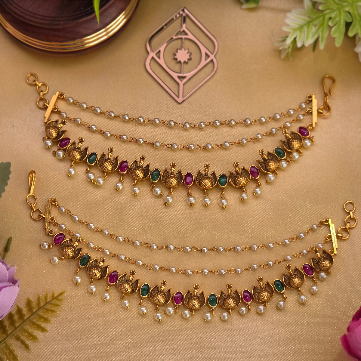 Ear chains, peacock motif and multi stones. Ahankaraka AKECH31.