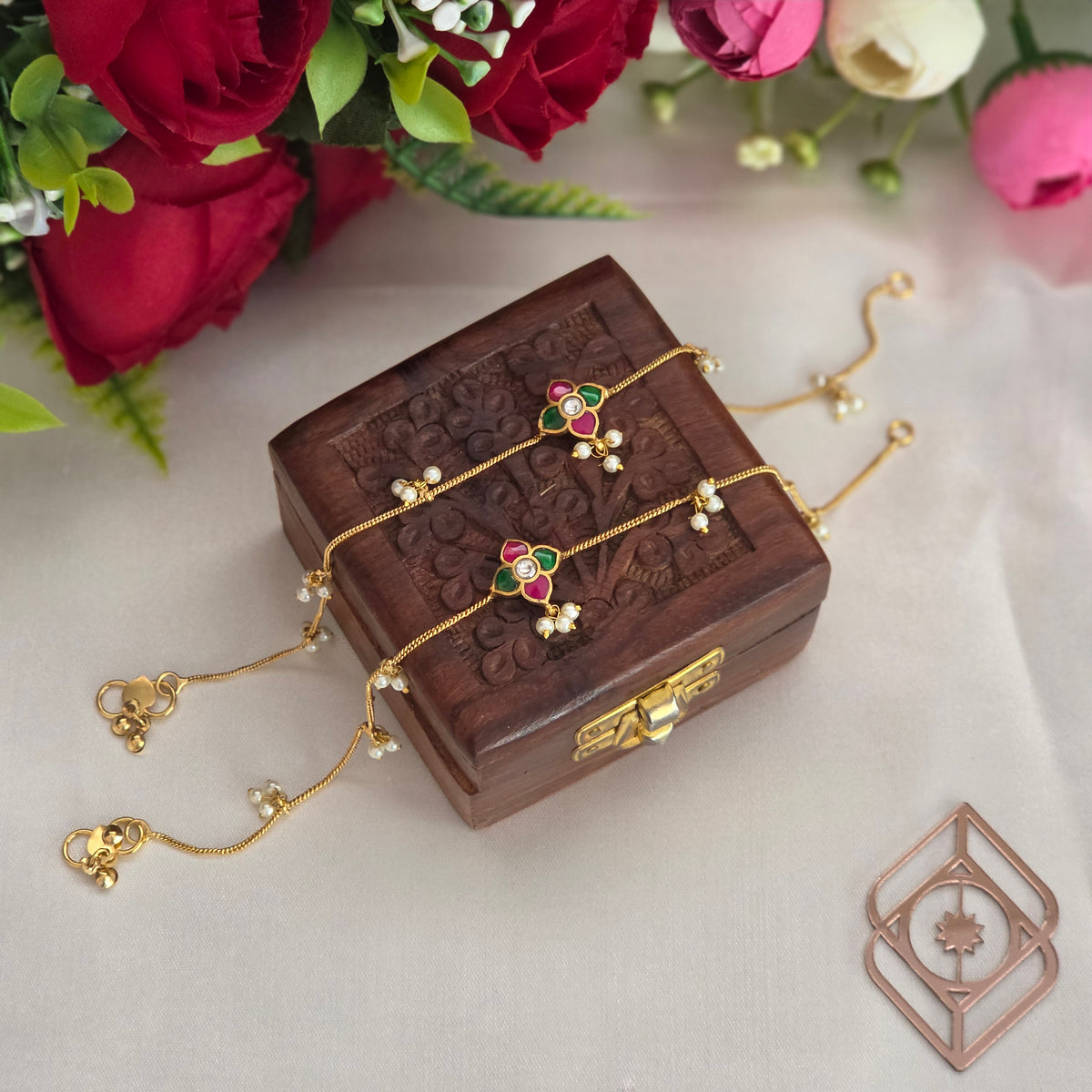 Anklets, multi jadau stone motif and pearls. Ahankaraka AKAN05.
