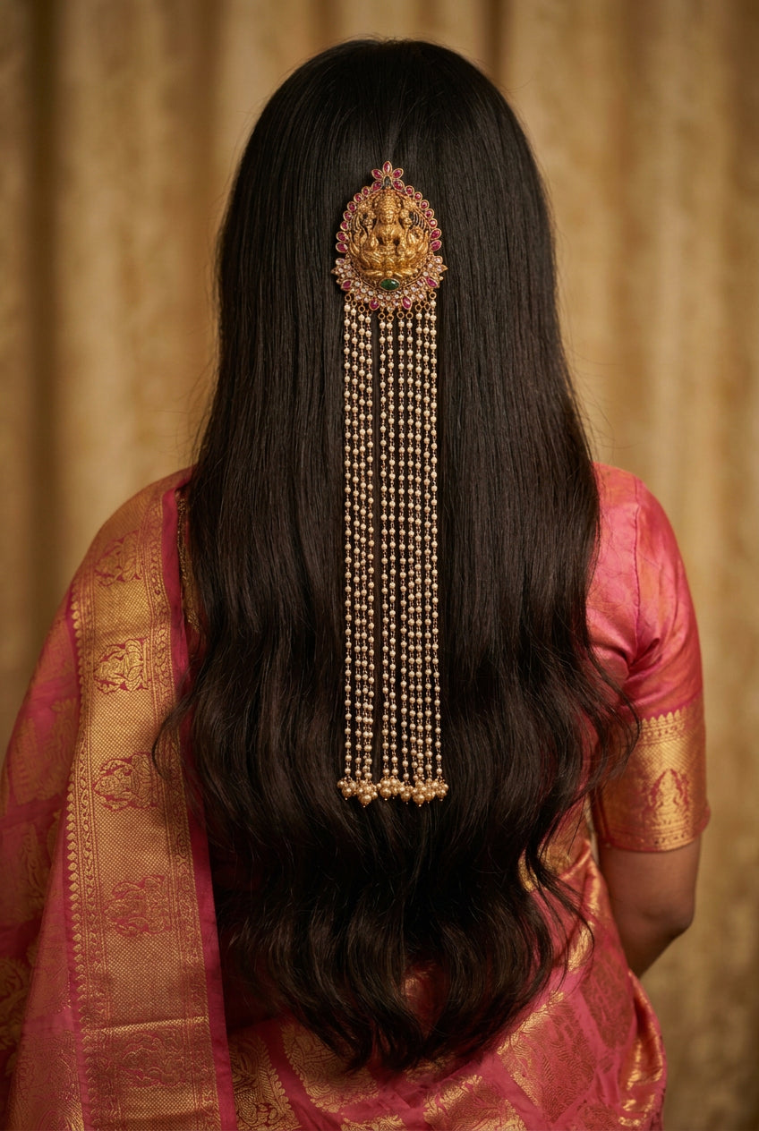 Jadabilla hair ornament, set with kemp, Lakshmi motif. Ahankaraka AKJB15.