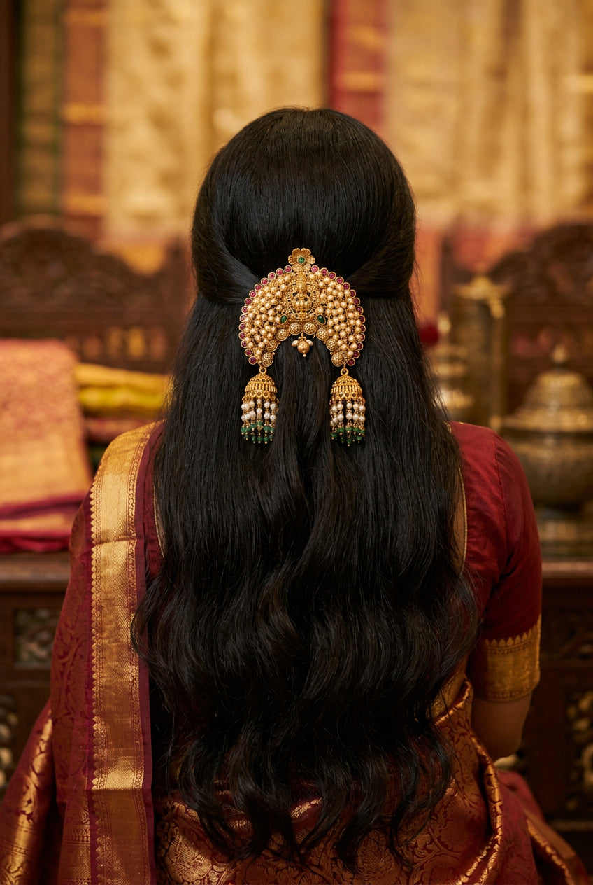Hair pin, set with pearls, Lakshmi motif. Ahankaraka AKHP03.