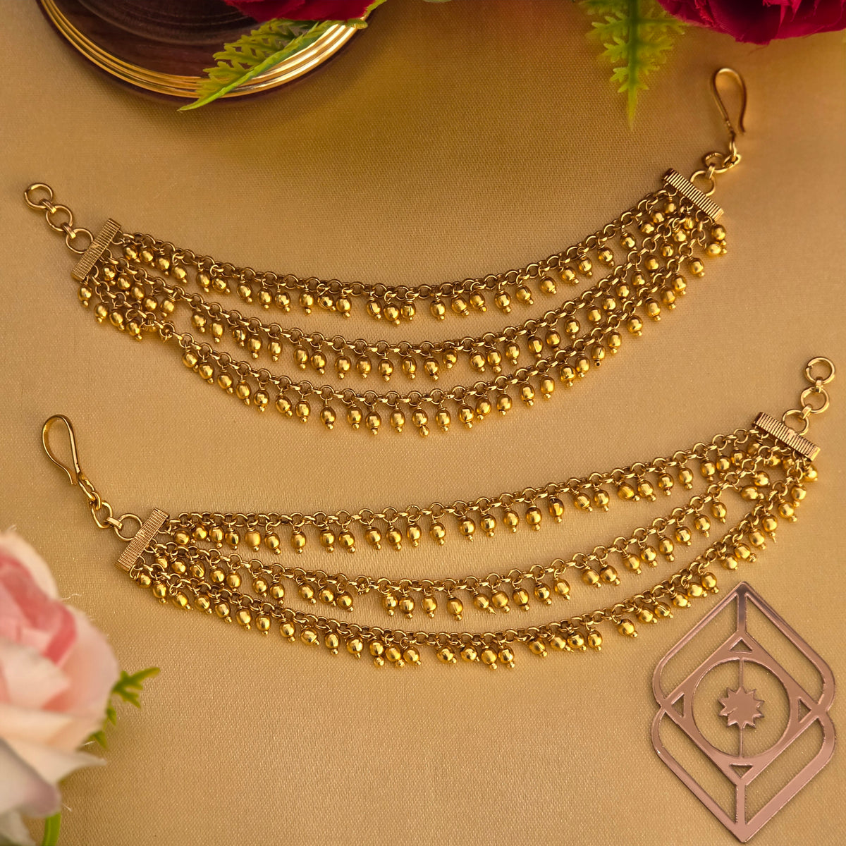 Ear chains, gold bead motif and layer. Ahankaraka AKECH06.