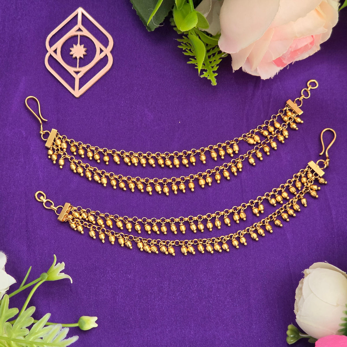 Ear chains, set with gold beads and layer. Ahankaraka AKECH08.