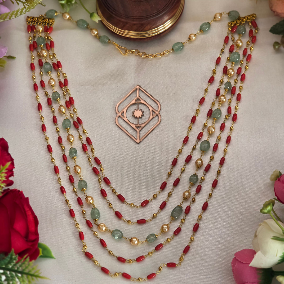 Mid length necklace, set with mint green beads. Ahankaraka AKMLN13.