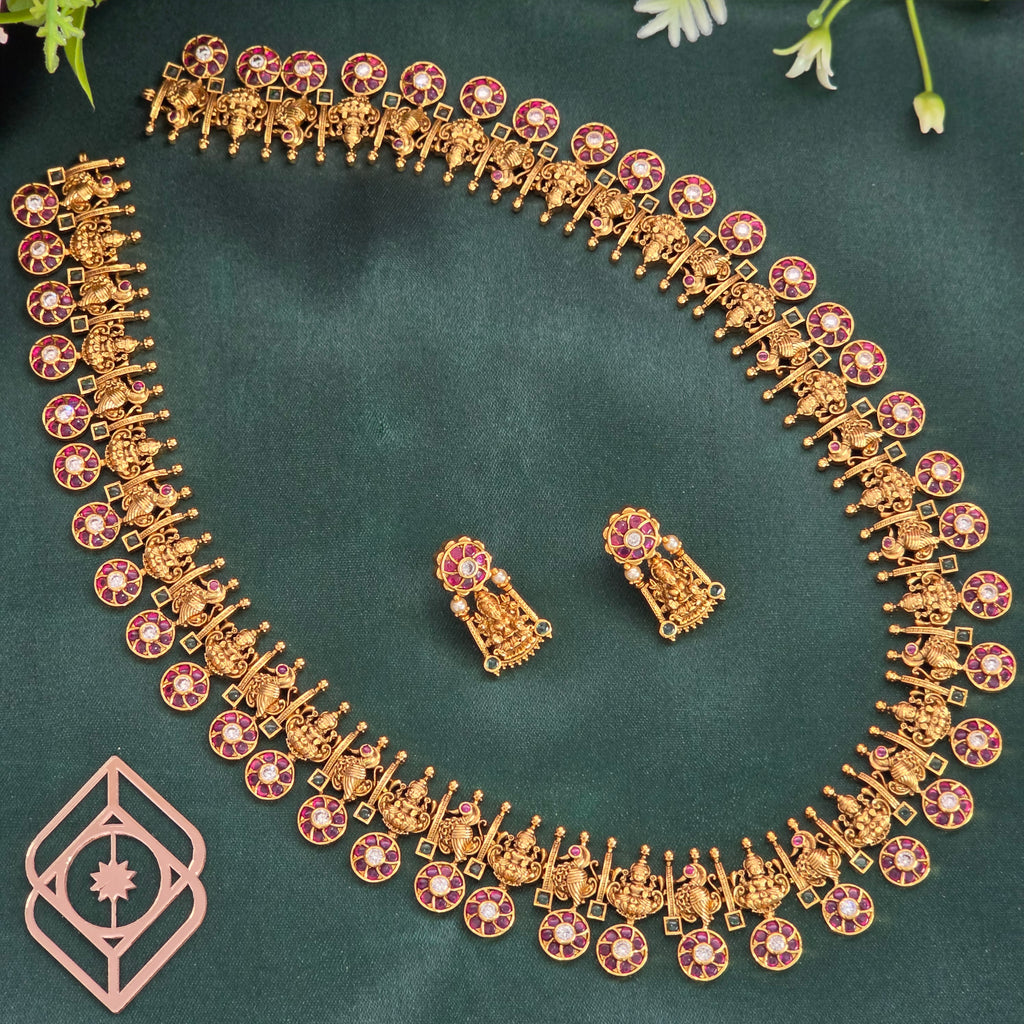 Long necklace, Floral Bottu, Lakshmi and peacock motifs. Ahankaraka AKLN07.