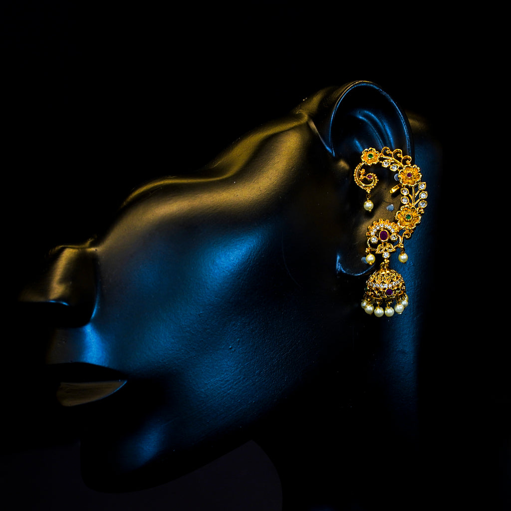 Ear cuff, set with pearls, floral motif and AD stones. Ahankaraka AKEC06.