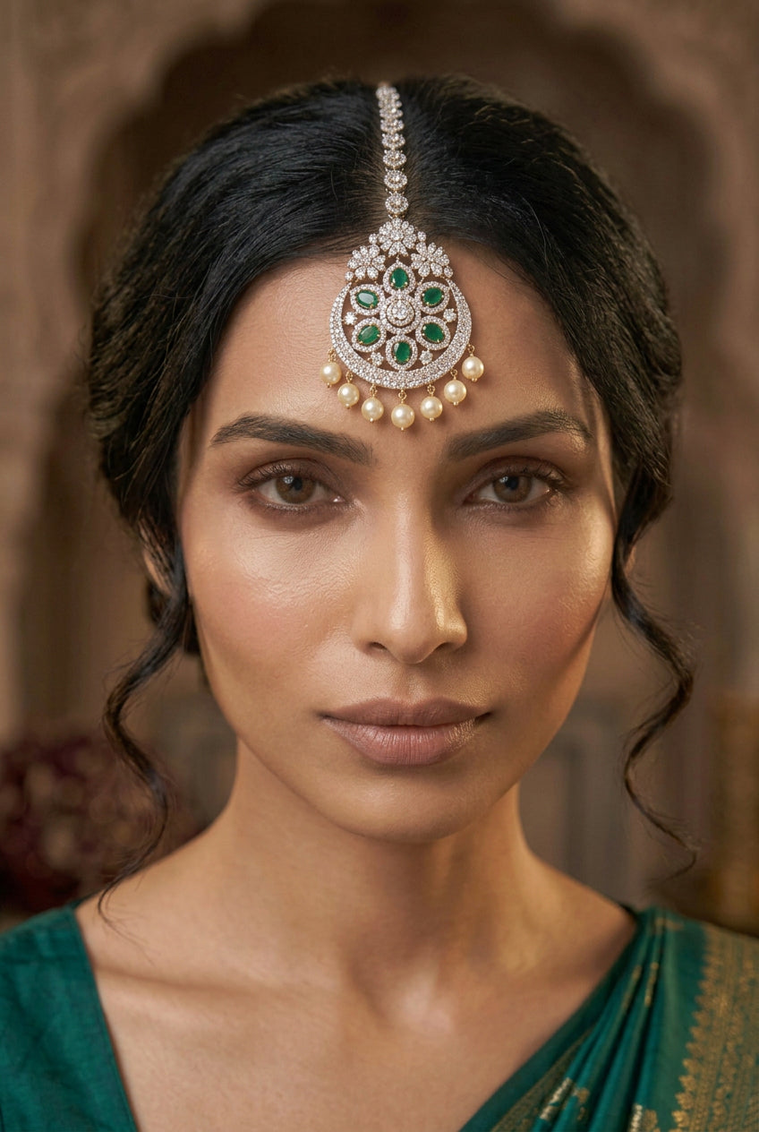 Maang tikka, set with emerald, floral motif. Ahankaraka AKMT30.