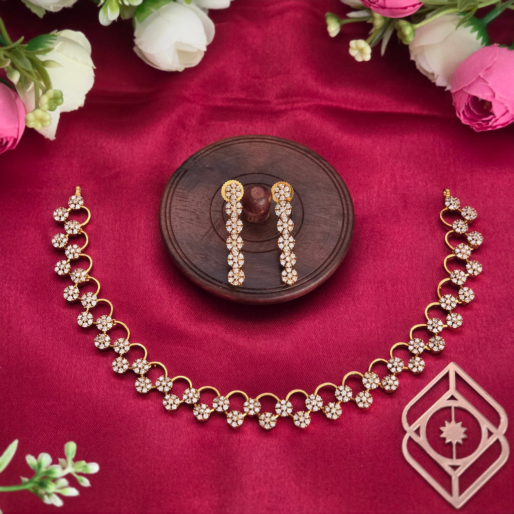 Short necklace, set with American Diamond stones, floral motif. Ahankaraka AKSN45.