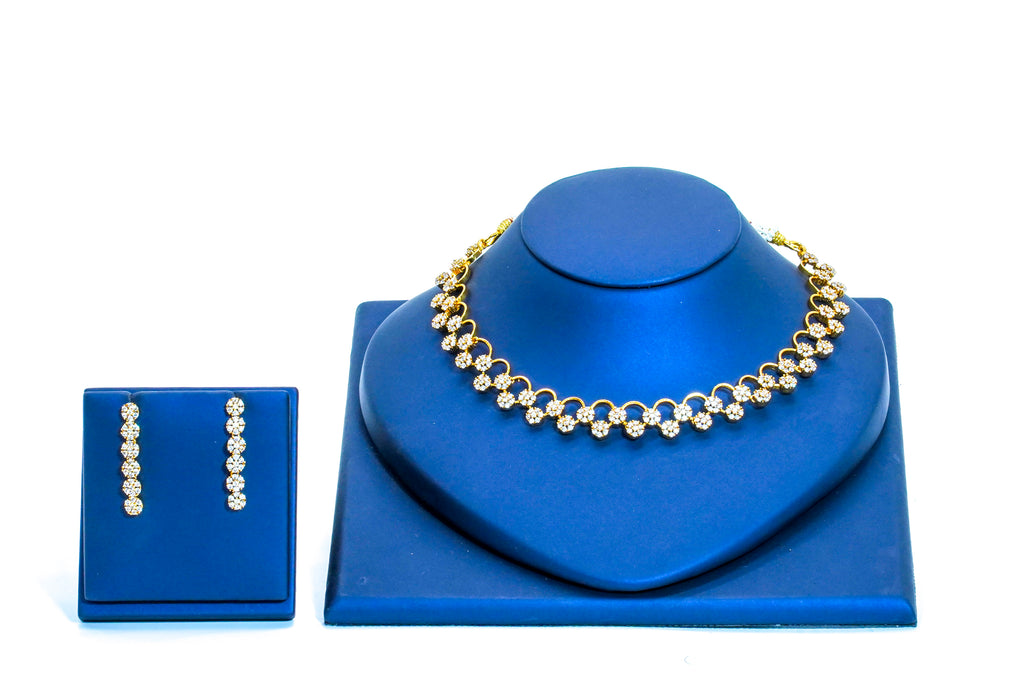 Short necklace, set with American Diamond stones, floral motif. Ahankaraka AKSN45.