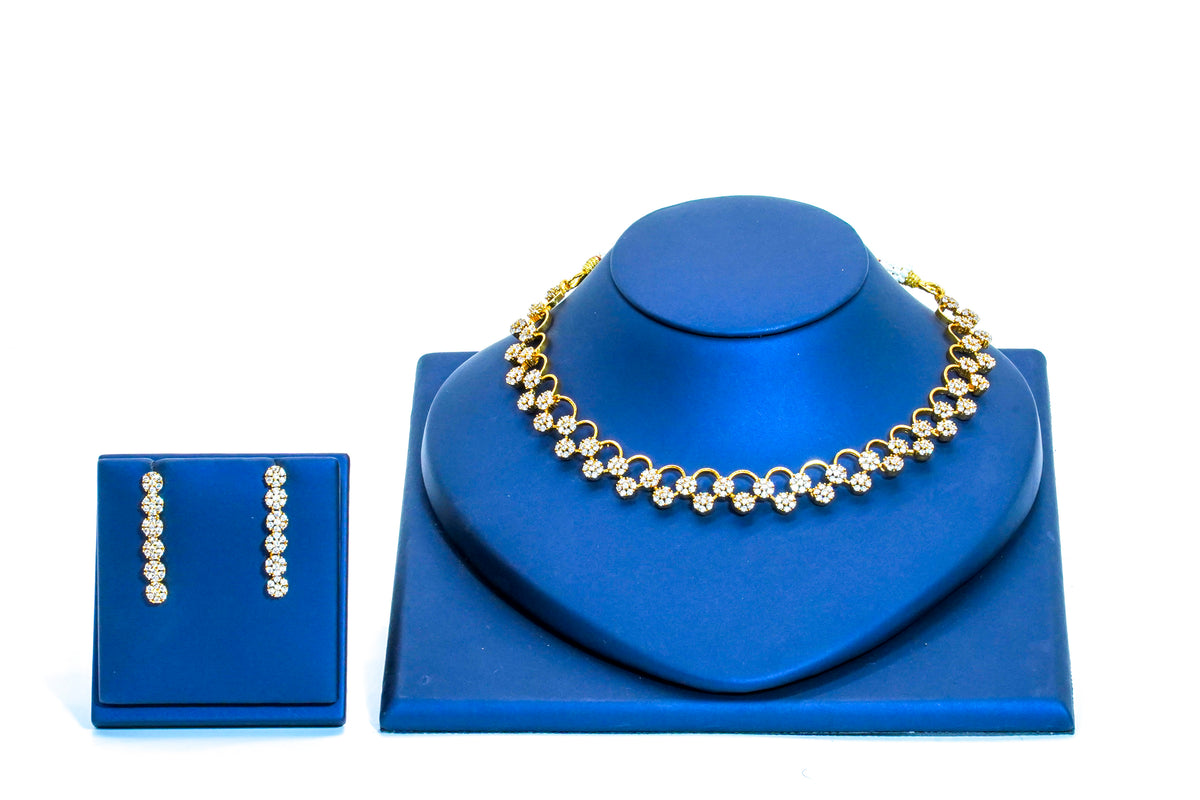 Short necklace, set with American Diamond stones, floral motif. Ahankaraka AKSN45.