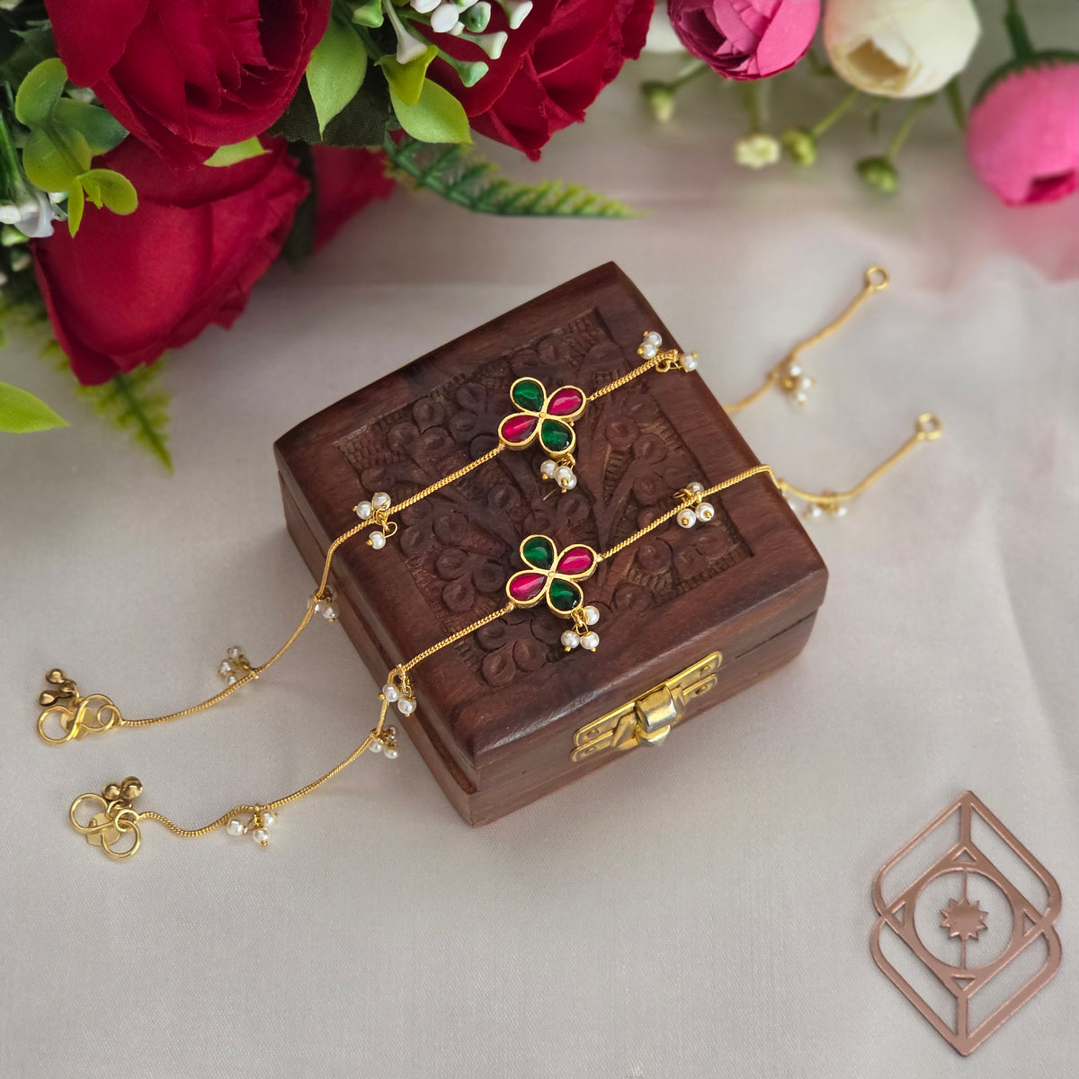 Anklets, jadau stone motif and pearls. Ahankaraka AKAN06.