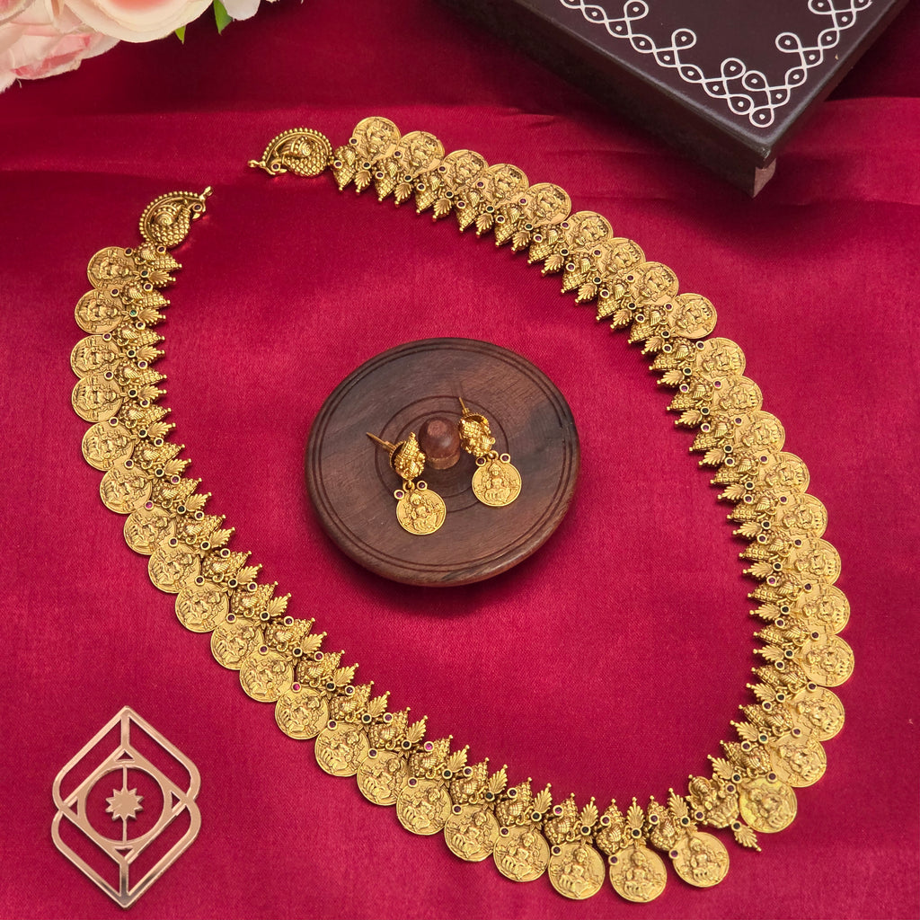 Long necklace, Lakshmi motif and Coin. Ahankaraka AKLN11.