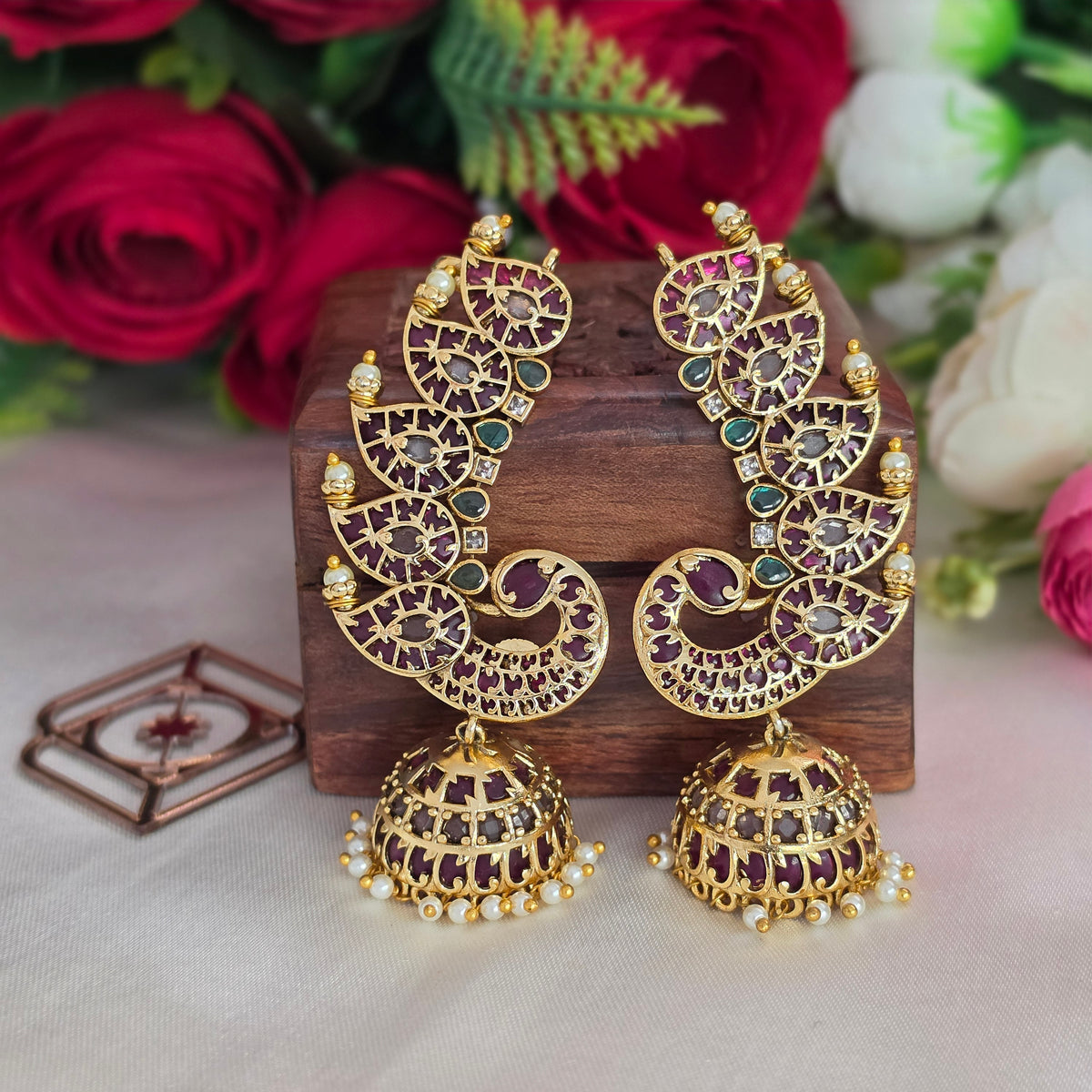 Ear cuff, set with kemp, peacock and mango motif. Ahankaraka AKEC10.