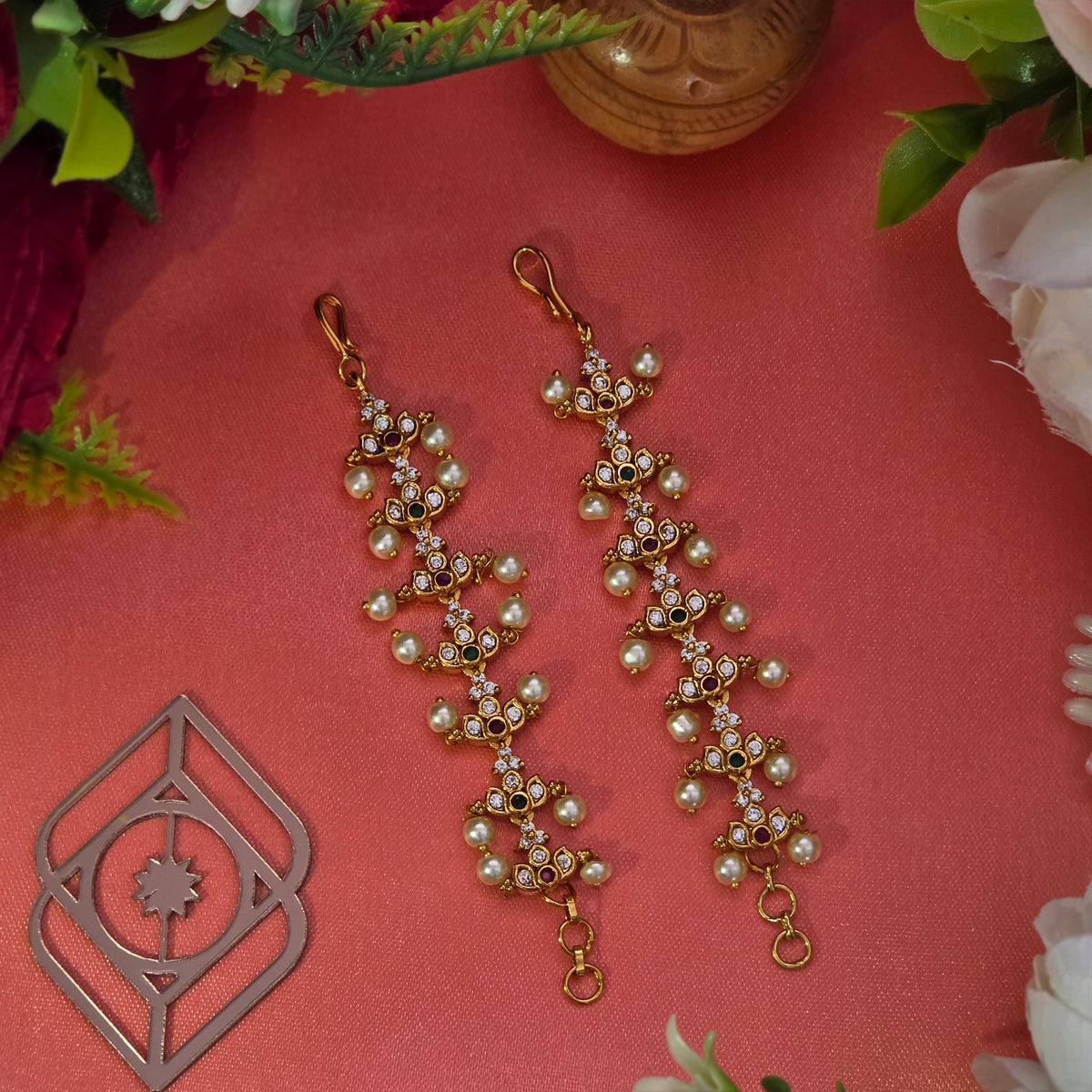 Ear chains. Multi Stones and Pearl Beads. Ahankaraka AKECH17.