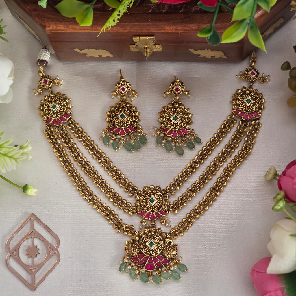 Mid length necklace, set with jadau, floral motif. Ahankaraka AKMLN07.