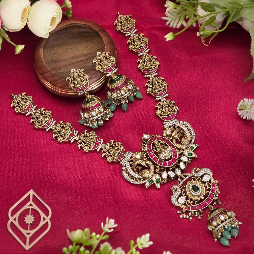 Mid length necklace, set with jadau, Lakshmi and floral motifs. Ahankaraka AKMLN10.