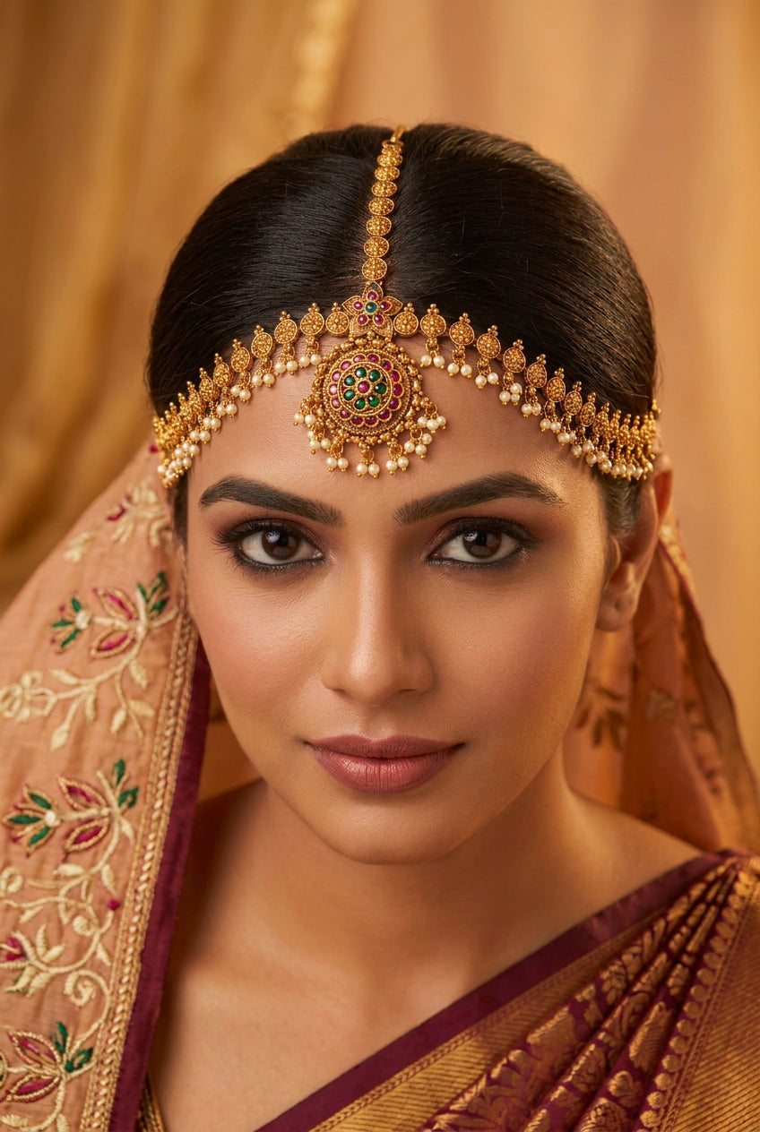 Maang tikka, set with kemp and pearls, floral motif. Ahankaraka AKMT31.