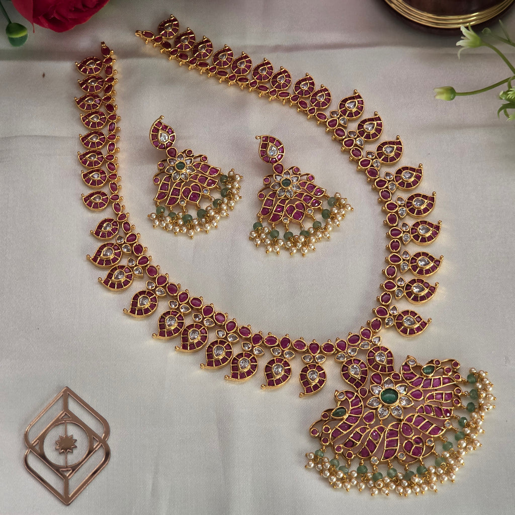 Long necklace, set with kemp, peacock and mango motifs. Ahankaraka AKLN01.