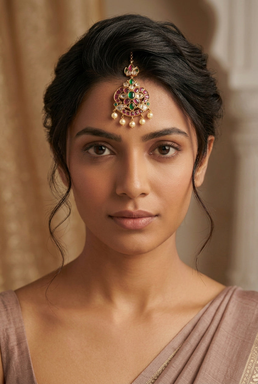 Maang tikka, set with kemp and pearls, peacock and floral motifs. Ahankaraka AKMT28.