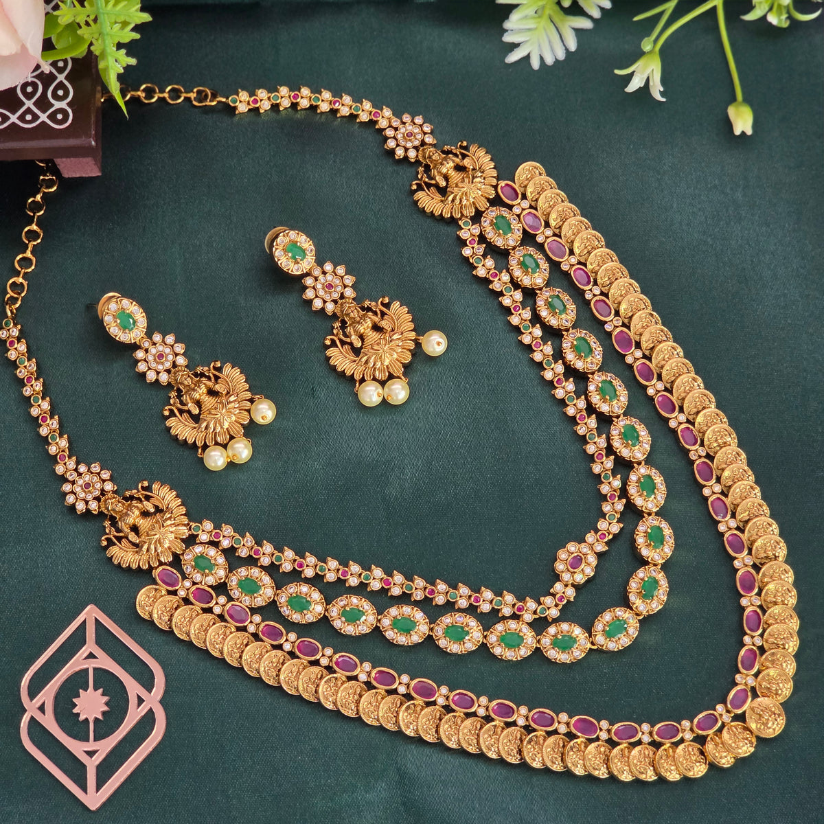 Long necklace, set with stones in several colours, Lakshmi motif. Ahankaraka AKLN10.