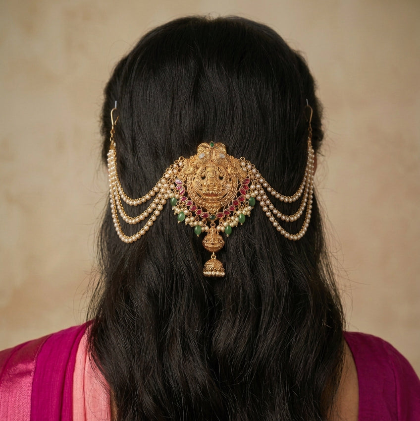 Jadabilla hair ornament, set with pearls, Lakshmi motif. Ahankaraka AKJB02.